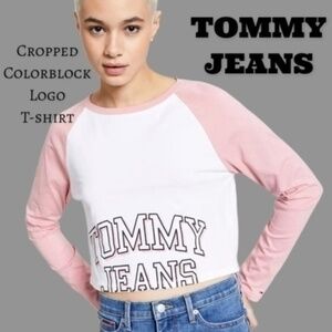 TOMMY JEANS NWT Cropped Cotton Color Block Logo T-Shirt-Pink & White/XL